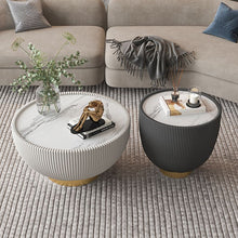 Elegant White Stone Coffee Table With Gold Stainless Steel Drum Base Tables