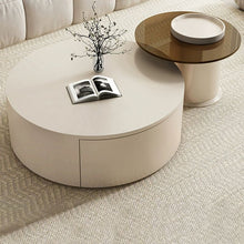 Unique Round Wood Coffee Table With Contemporary Black Drum Base White-Brown / 31.5L X 31.5W 13H