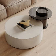Unique Round Wood Coffee Table With Contemporary Black Drum Base Tables