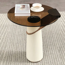 Modern Round Glass Table With Leather Pedestal Base In Beige - Easy Assembly Tawny / 19.7L X 19.7W