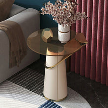 Modern Round Glass Table With Leather Pedestal Base In Beige - Easy Assembly End & Side Tables