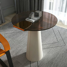 Modern Round Glass Table With Leather Pedestal Base In Beige - Easy Assembly End & Side Tables