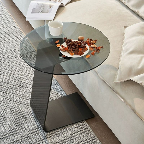 Modern Gray Glass C Table With Sleek Black Base And Tempered Top End & Side Tables