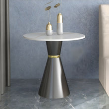Modern Stone Pedestal End Table With Black Metal Base And Reserve Installation Holes Included White/