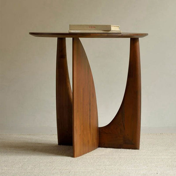 Elegant Round Wood Side Table With Abstract Iron Base And Shelf End & Tables