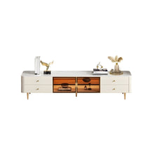 Glamorous White Stone TV Stand with Drawers and Glass Shelves - Luxe Cabinet Style - ALINDA DECOR