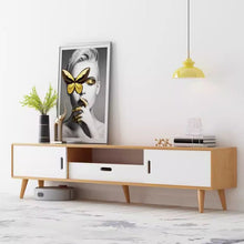 Scandinavian Wood TV Stand with Open Shelving & Cabinet Storage in Light Bamboo - ALINDA DECOR