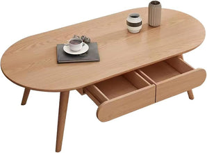 Sofa Side Table, Japanese-Style Solid Wood Coffee Table with Drawers, Domestic Small Dining Table, Multifunctional Bedroom Leisure Table (Color : A (Oval), Size : 120CM)