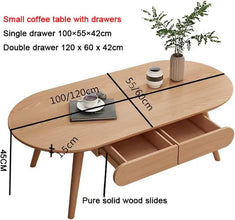 Sofa Side Table, Japanese-Style Solid Wood Coffee Table with Drawers, Domestic Small Dining Table, Multifunctional Bedroom Leisure Table (Color : A (Oval), Size : 120CM)