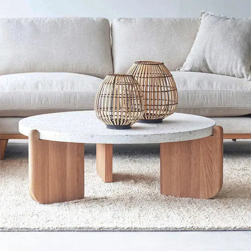 modern coffee table set wooden leg white stone