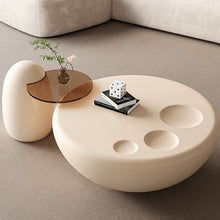 Free Form Glass Coffee Table with Wood Drum Base - Modern Style - ALINDA DECOR