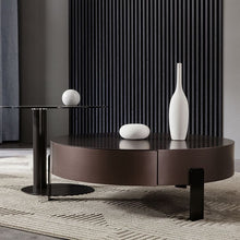 Modern Wood Round Coffee Table with Stainless Steel Legs and Plenty of Storage - ALINDA DECOR