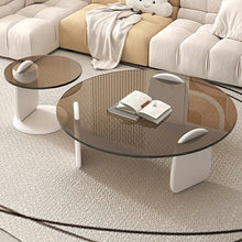 Round White Wood Coffee Table with Glass Top & Three Leg Base - ALINDA DECOR